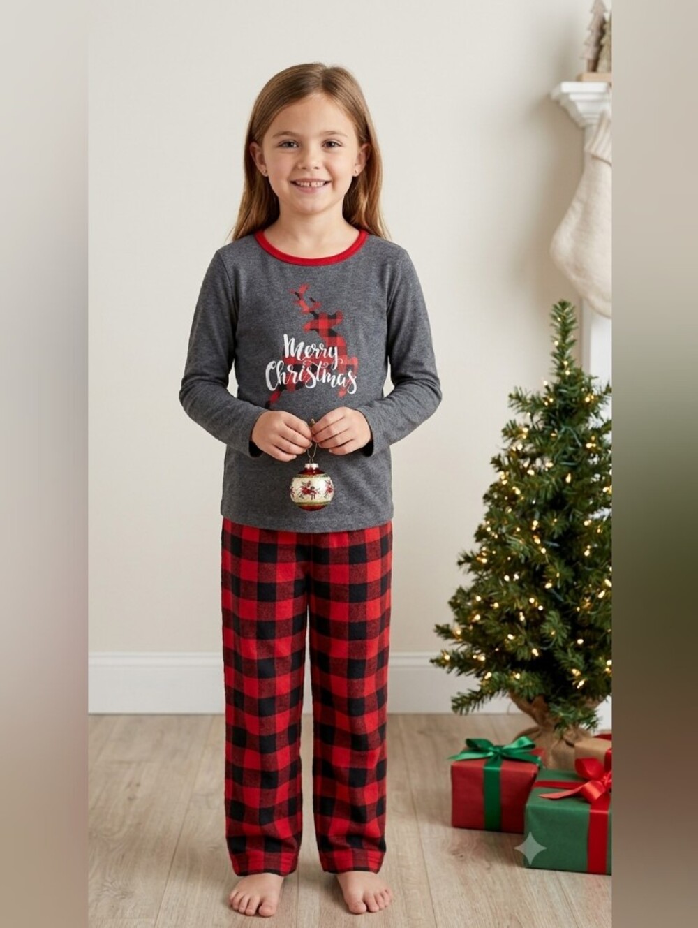 Kids Red Plaid Merry Christmas Pajama Set- Grey Top & Red Plaid Pants Sz8